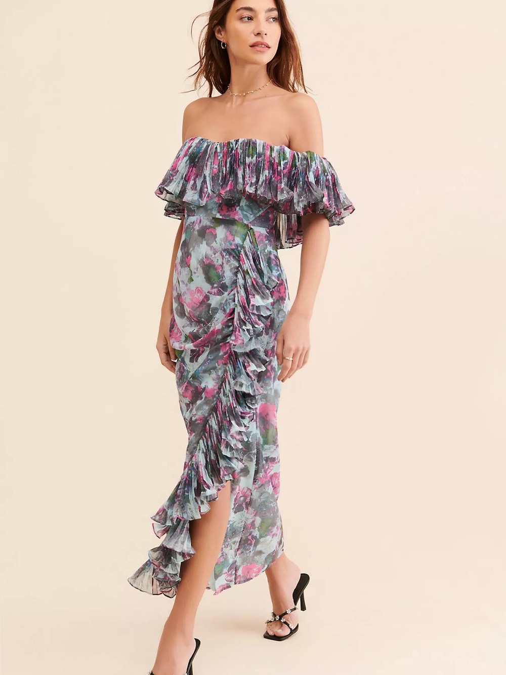 Hutch Off-The-Shoulder Ruffled Column Dress